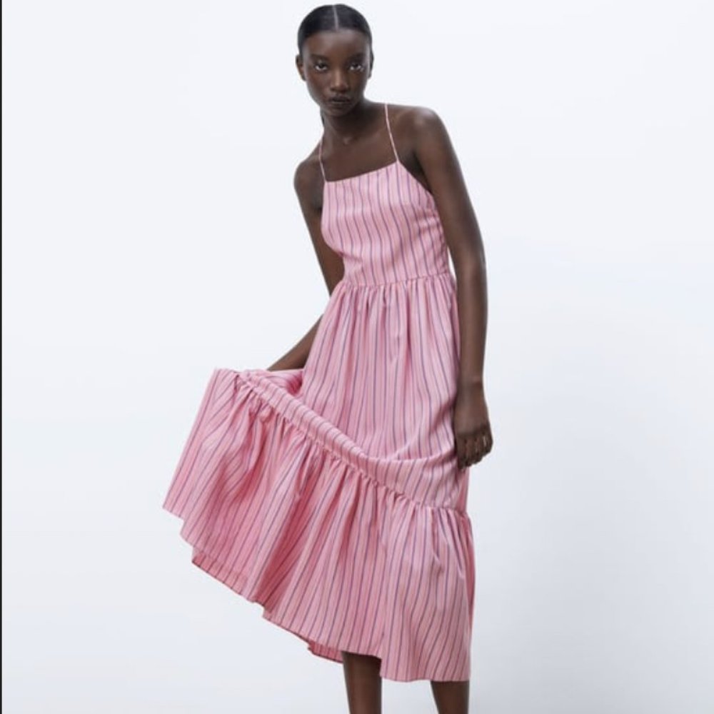 ZARA STRIPED MIDI DRESS IN PINK